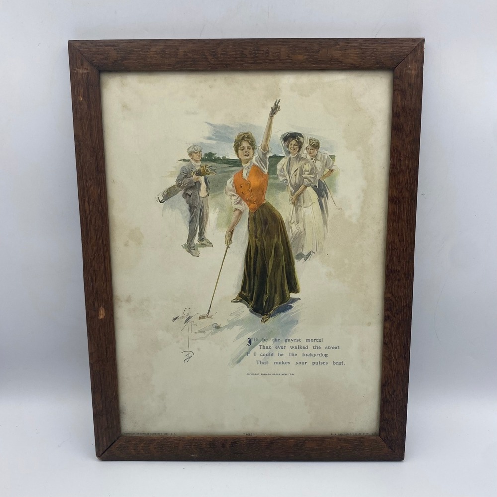 Antique Charles Dana Gibson Fore! Golf Lithograph Edward Gross Wood Frame 1900s